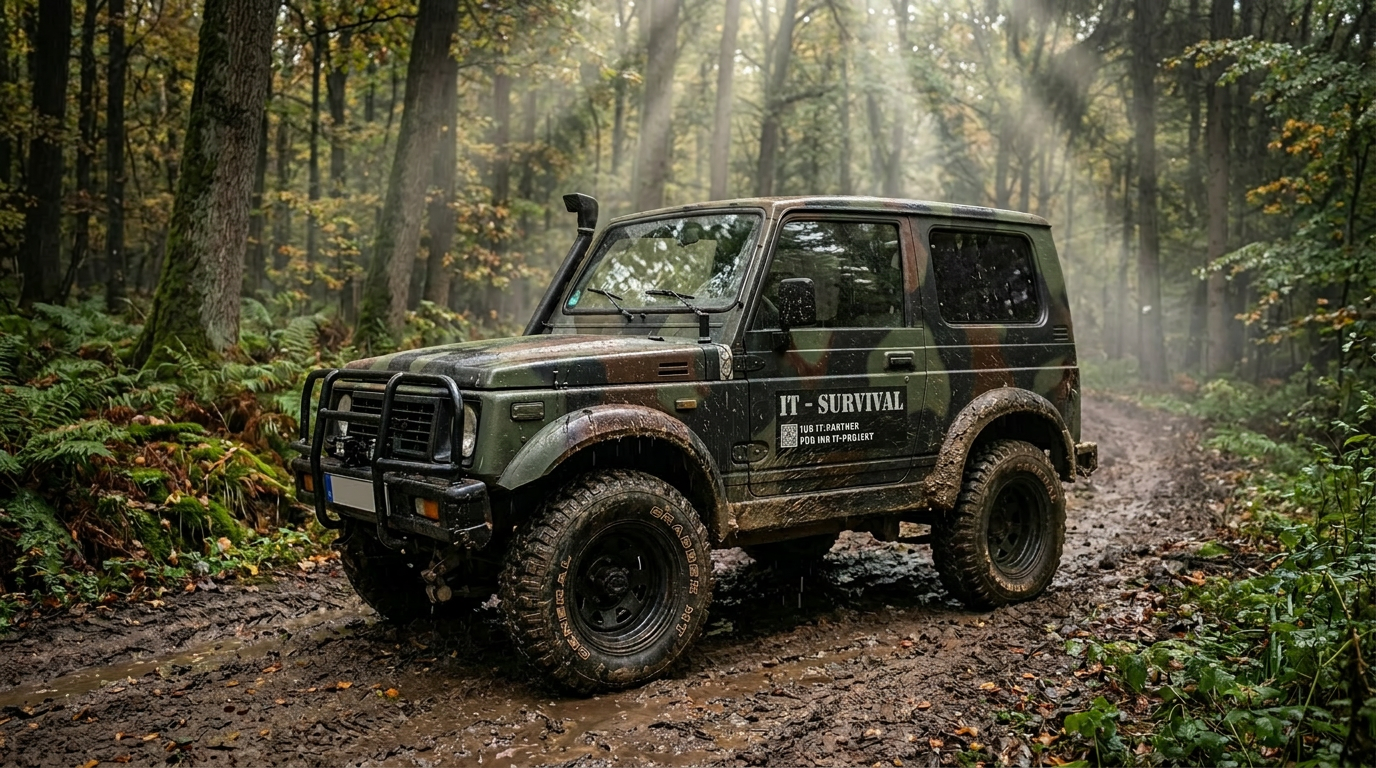 Suzuki Samurai von IT-Survival auf nasser Waldpiste